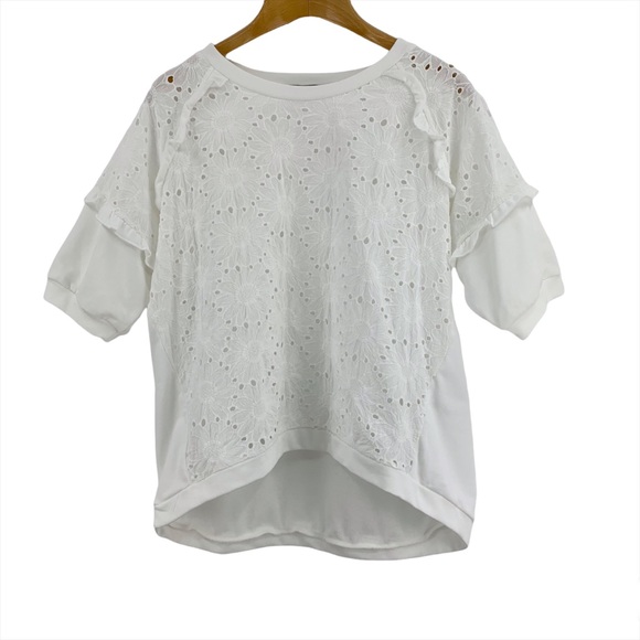 Gabby Isabella White Short Sleeve Eyelet Lace Front Top, Small/Medium - Picture 11 of 16
